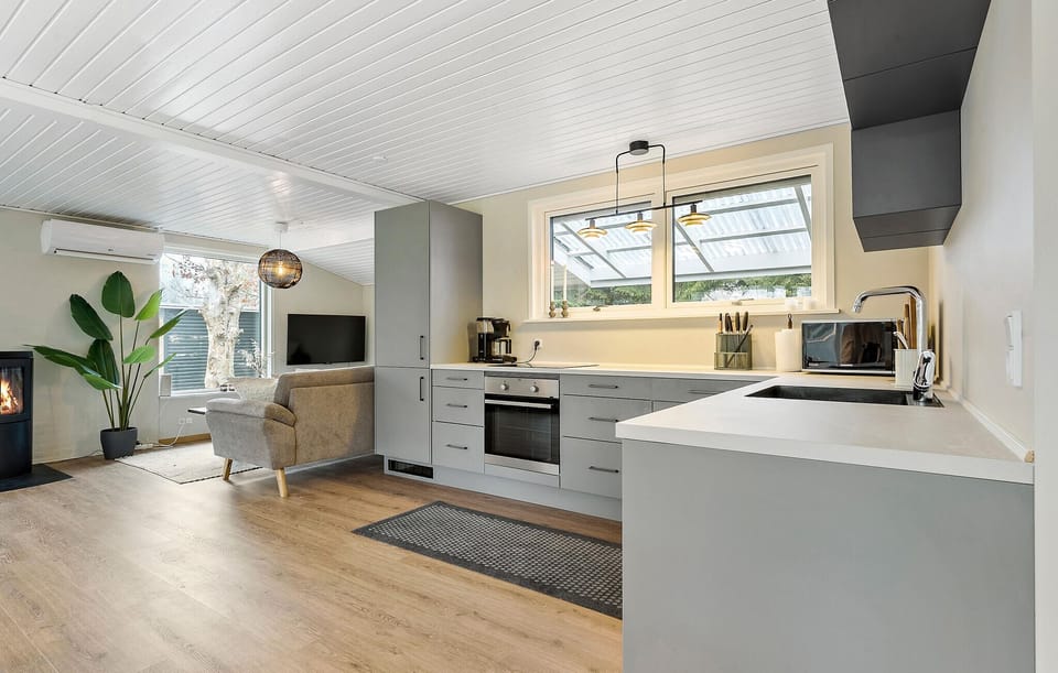 Fridge, stovetop, dishwasher, coffee/tea maker