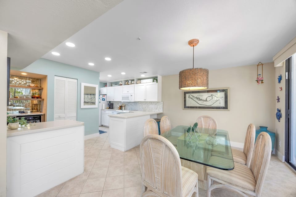 Dining room, dry bar and wine fridge.