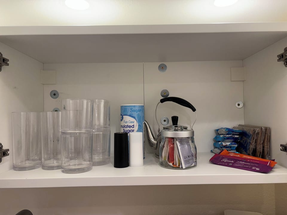 Glasses, salt pepper, tea, sugar, snacks, and basic spices provided. 