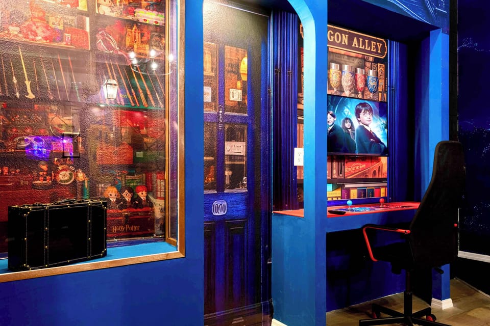 Whimsical Diagon Alley-themed workspace with magical details and vibrant decor

