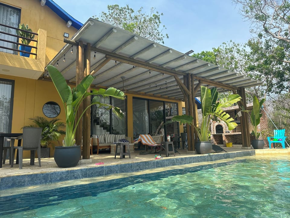 View of the covered terrace from the pool