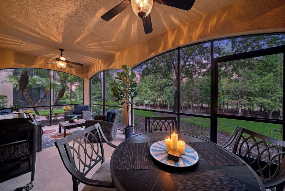 A very large screened lanai offers relaxation or invigorating game space