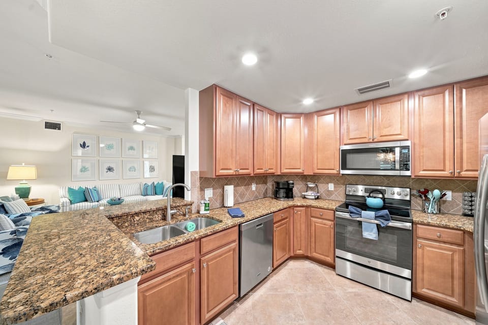 A large, well appointed kitchen will delight your inner chef