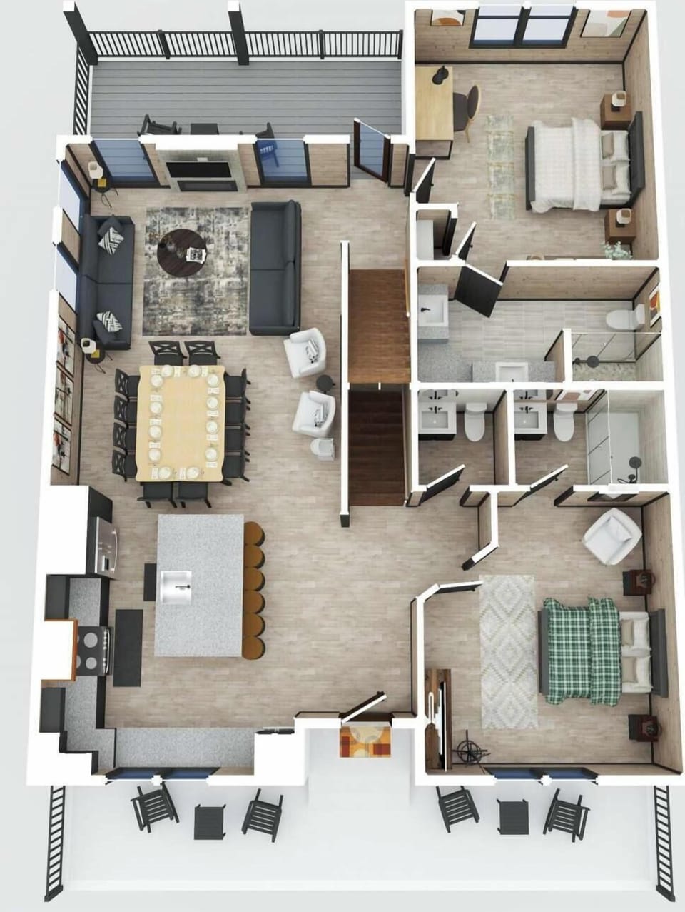Open living space with wood ceiling and fan