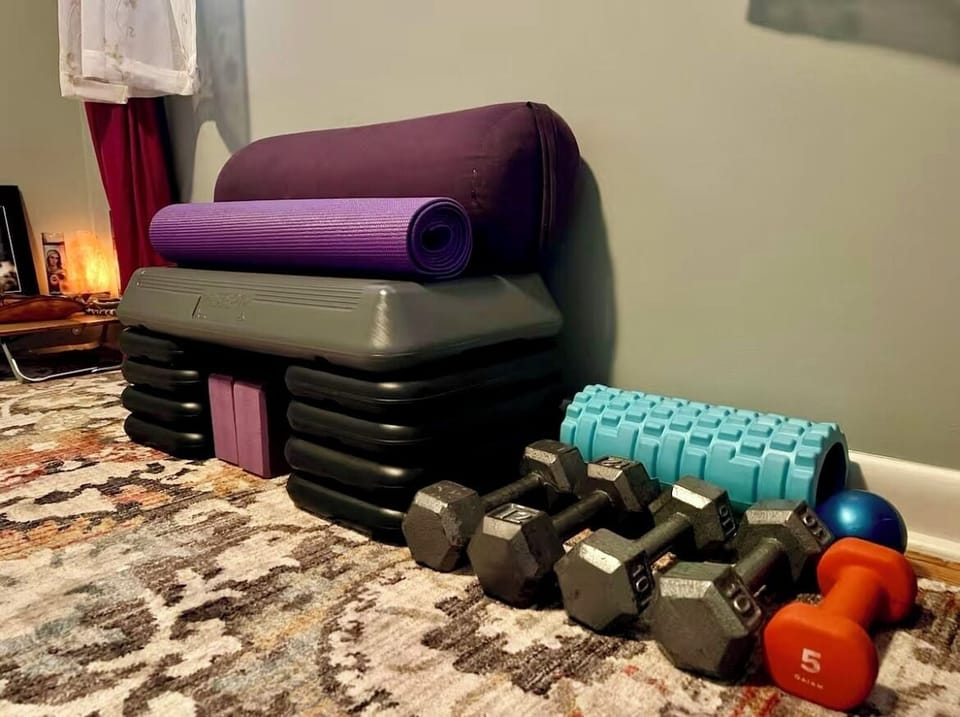 Steps, hands weights, foam roller, Pilates ball, bar weight, silks, and more!