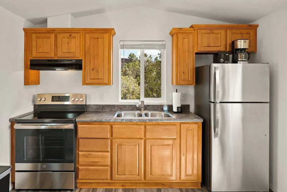 A practical, well-stocked kitchen.