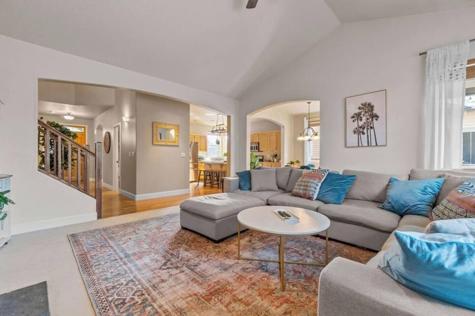 Open format kitchen, living and dining rooms.