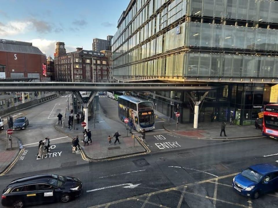 Shudehill bus/coach station is directly across from our building