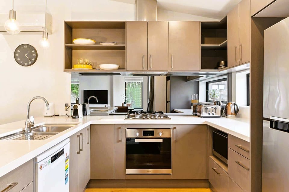 Fully equipped kitchen with stainless steel appliances
