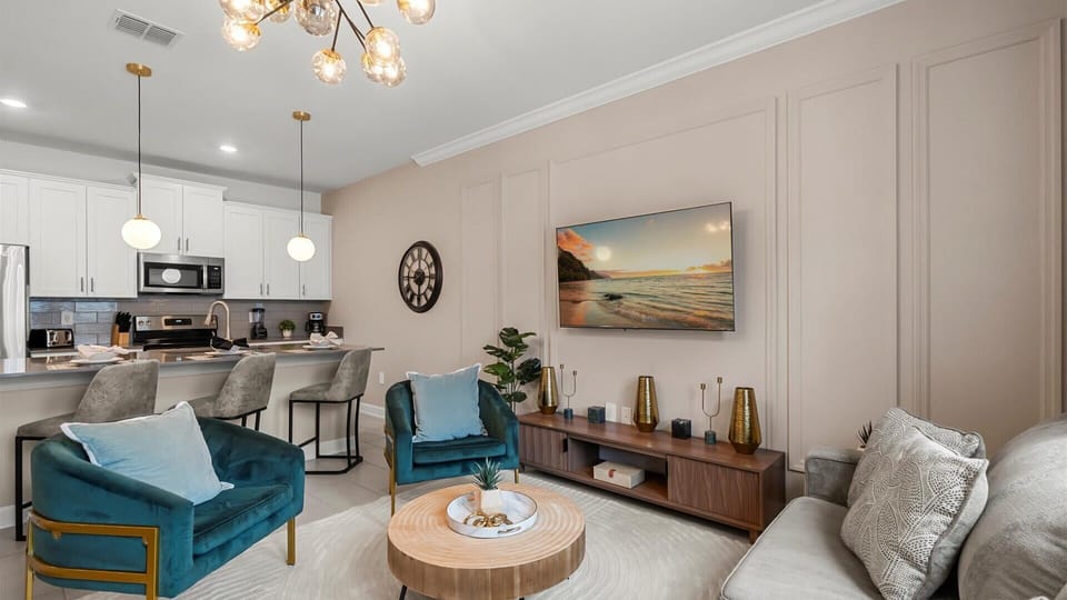 Group-friendly living room with modern furnishings and smart TV