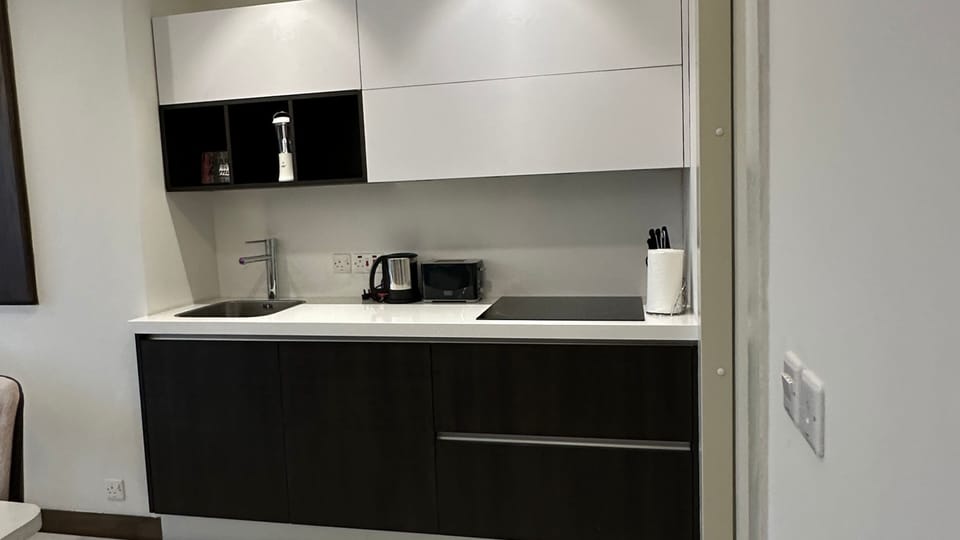 Induction stove, Kettle, Toaster, Coffee machine, Dishwasher, Cutlery, Crockery