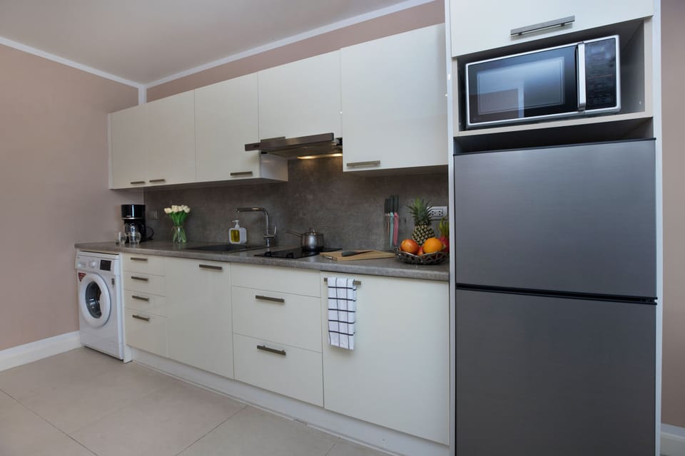 Kitchen with washing machine, hob/stove, fridge/freezer, microwave
