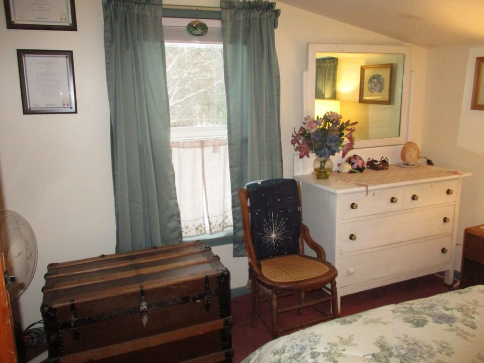 master bedroom with room darkening shades in both windows