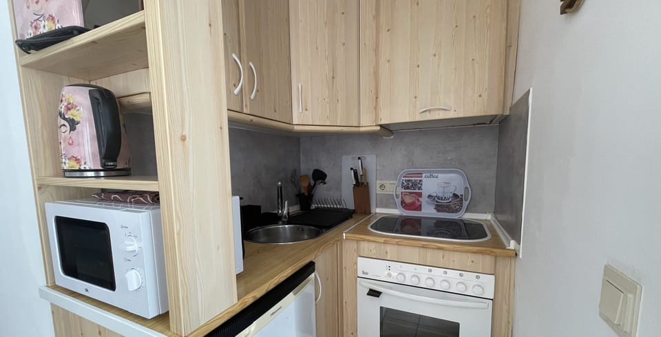 Compact rustic-style kitchen with wooden cabinets, oven, stovetop, microwave, and small fridge."