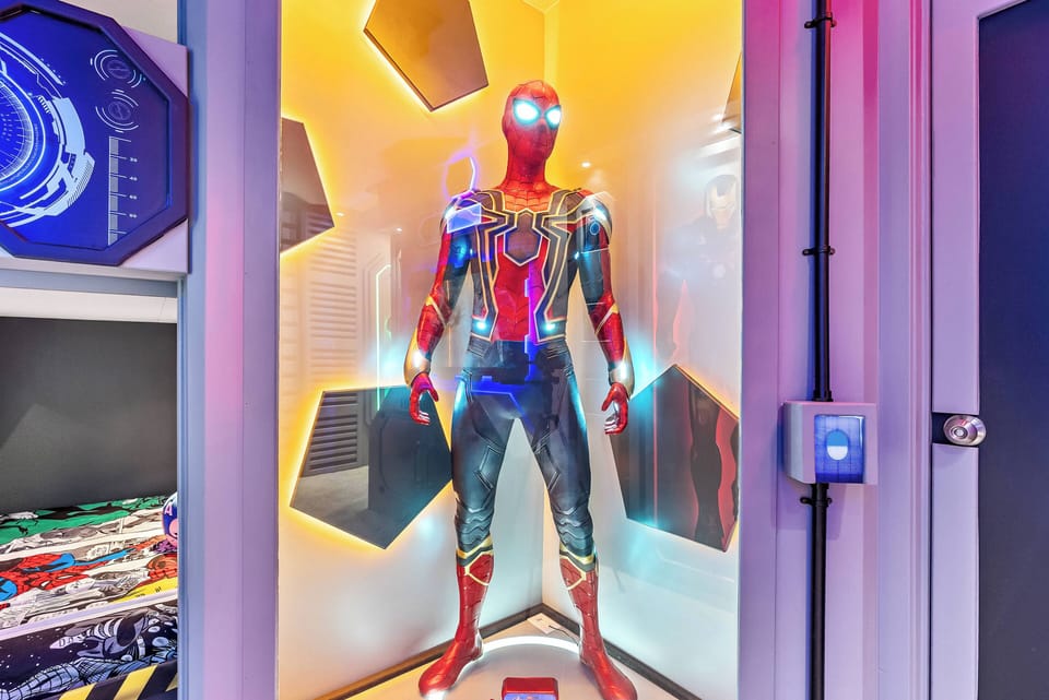 Welcome to a vibrant haven where superhero decor sparks imagination. The unique glass display adds charm, creating an exciting escape for all ages. Soft lighting sets the perfect mood for unwinding after your day of adventure.