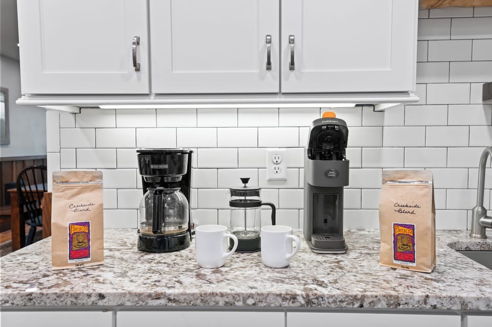 Local coffee from Panacea in Waynesville, NC, or bring your own K cups.
