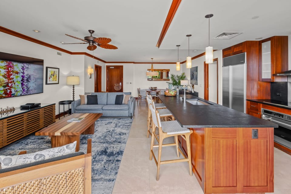 Living room and Roy Yamaguchi designed kitchen