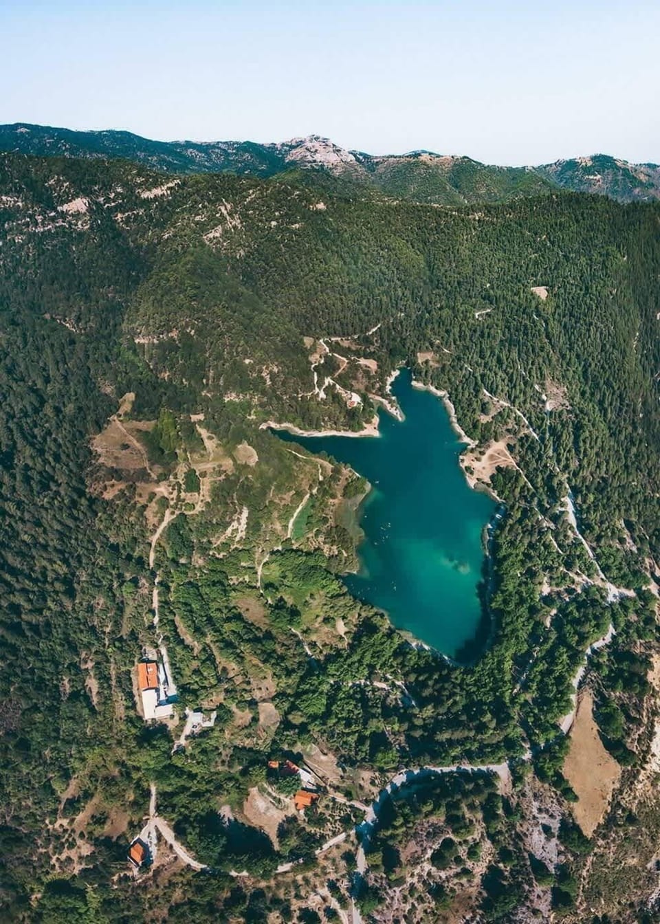 Aerial view of the lake and property