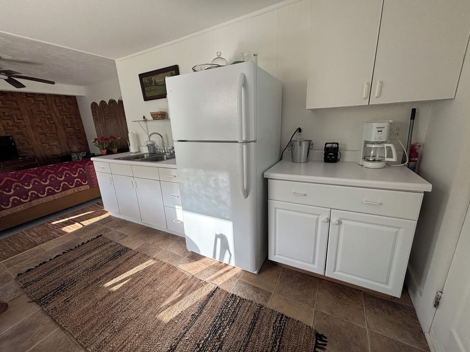 Kitchen area with coffee pot and refrigerator