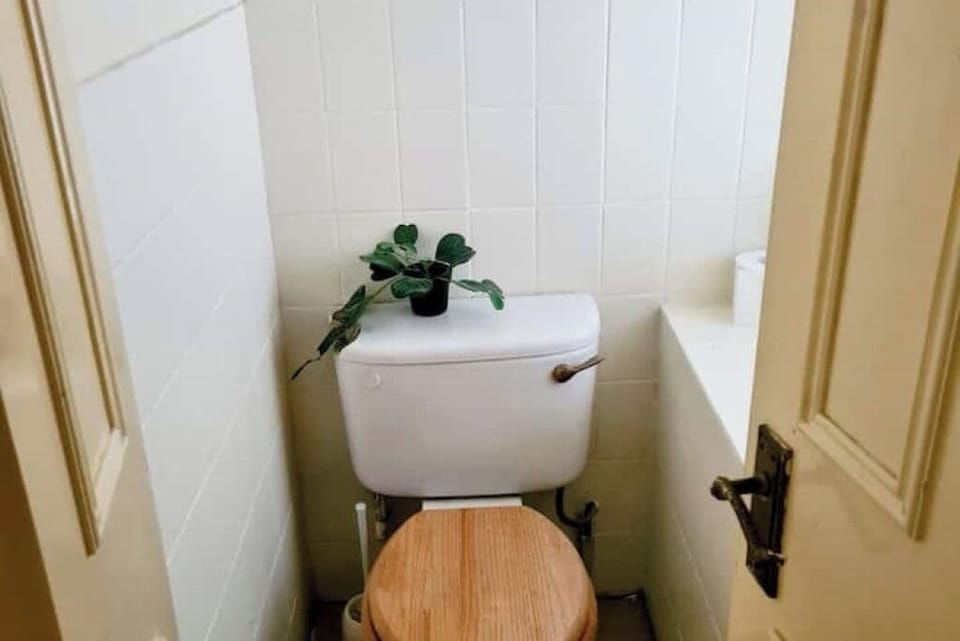 Dedicated toilet for the room, located outside the room down a hallway.