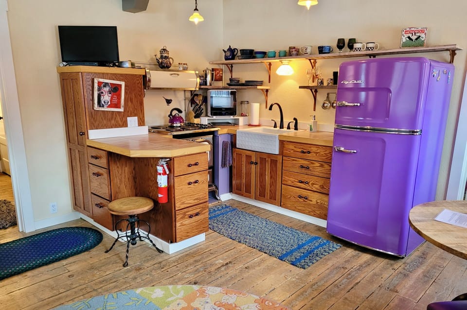 That purple fridge is something to behold. Retro look, modern convenience