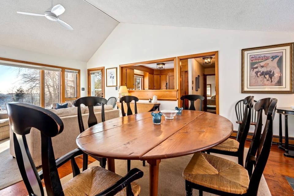 Seating for eight with the warmth of the living room ambiance close by.