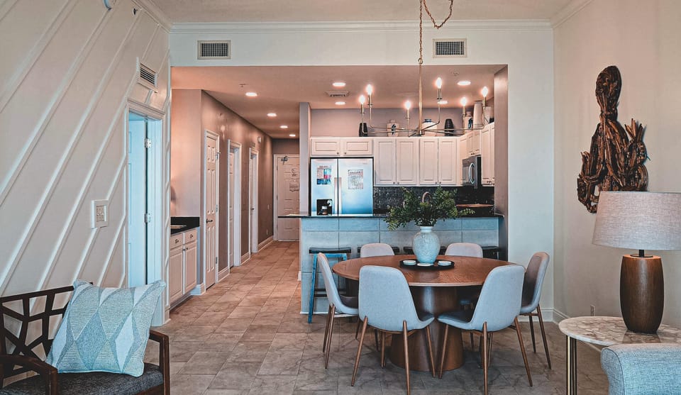 Bright, modern kitchen and dining area with stylish accents