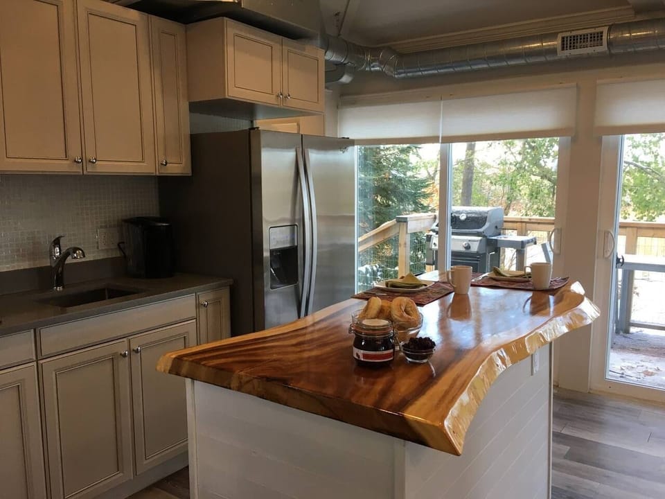 Fridge with filtered water and ice maker, dishwasher, cooktop, and convection microwave, kuerig coffee maker , weber grill ( gas included) and all your plates and cutlery