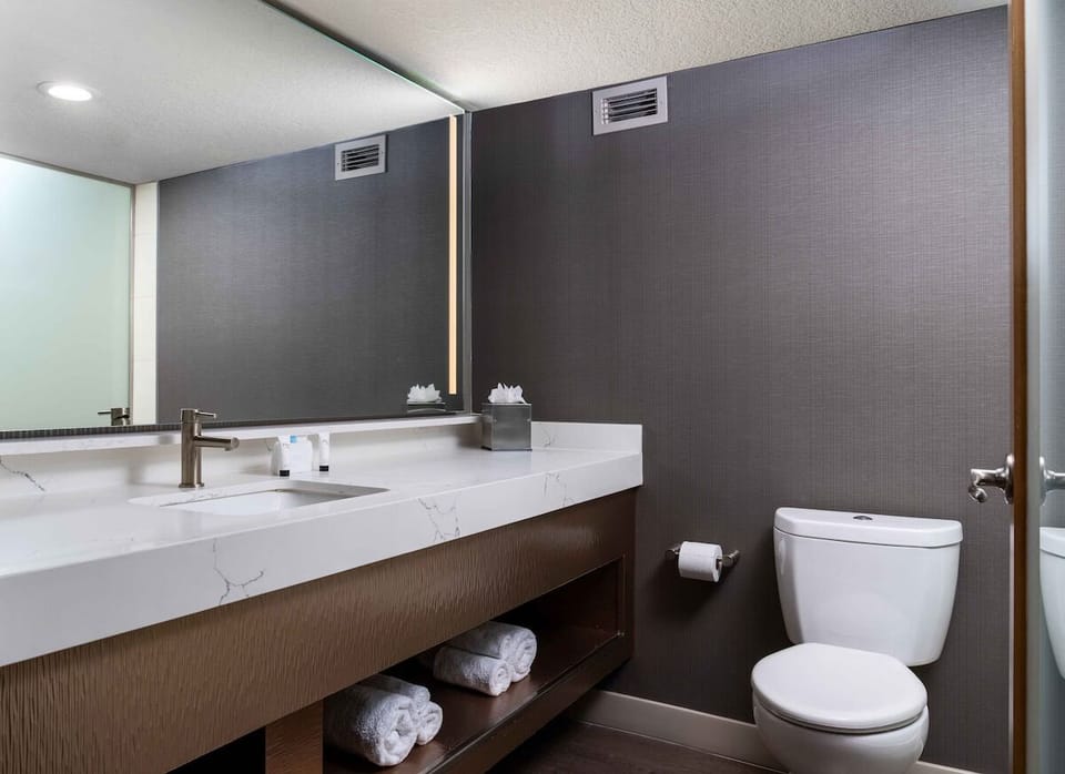 Enjoy a spotless, modern bathroom with generous mirror space.