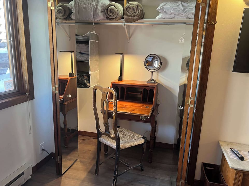 Twin bedroom closet and desk