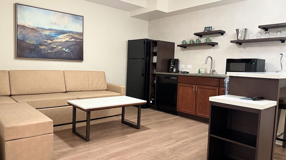 Living room with sleeper sofa and workspace