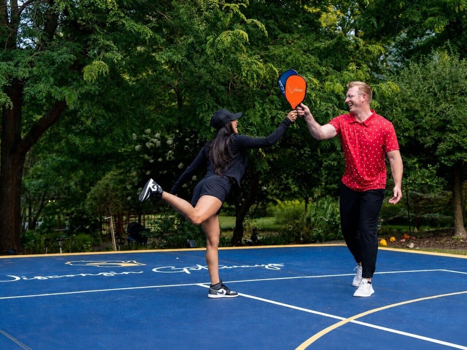 The private court is lined for both pickleball and basketball.