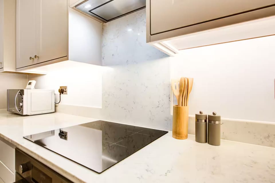 Sleek countertop with electric hob, utensils, and cooking essentials