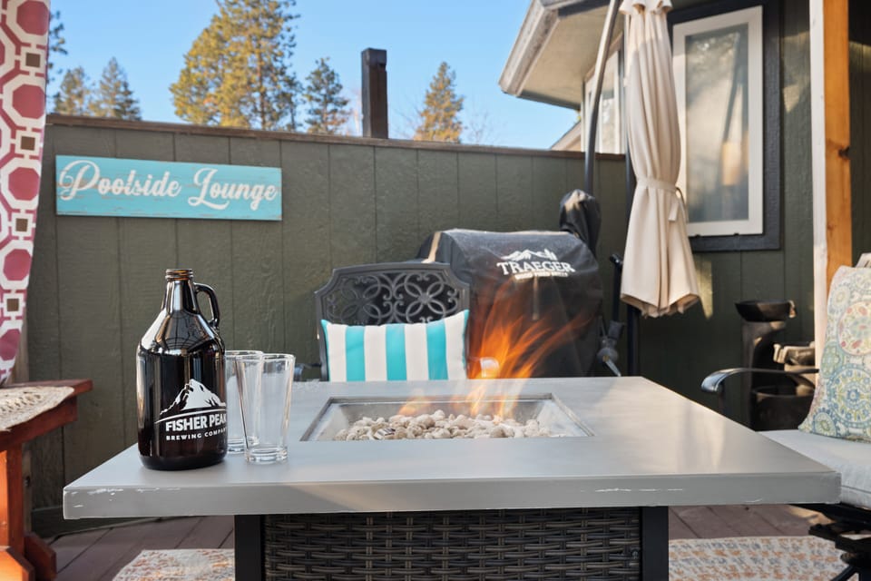 Cozy up with a blanket, close outdoor curtains, and relax by the fireplace.