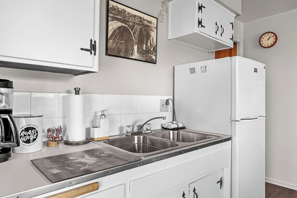 Essentials: paper towels, dish soap, towels, and a fridge for groceries. 