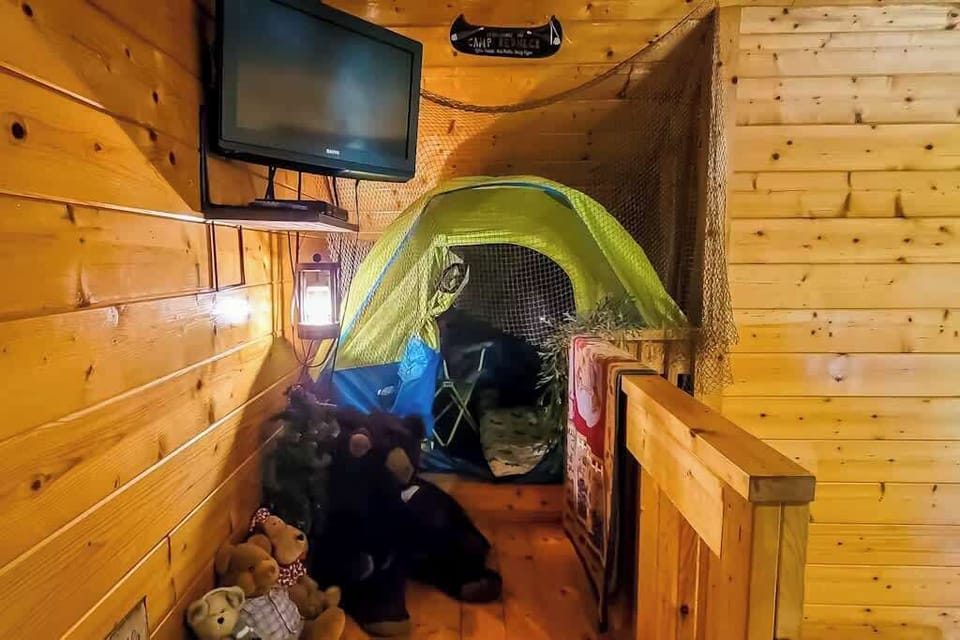 Fun tent space with TV and plush friends—perfect for kids' imagination!