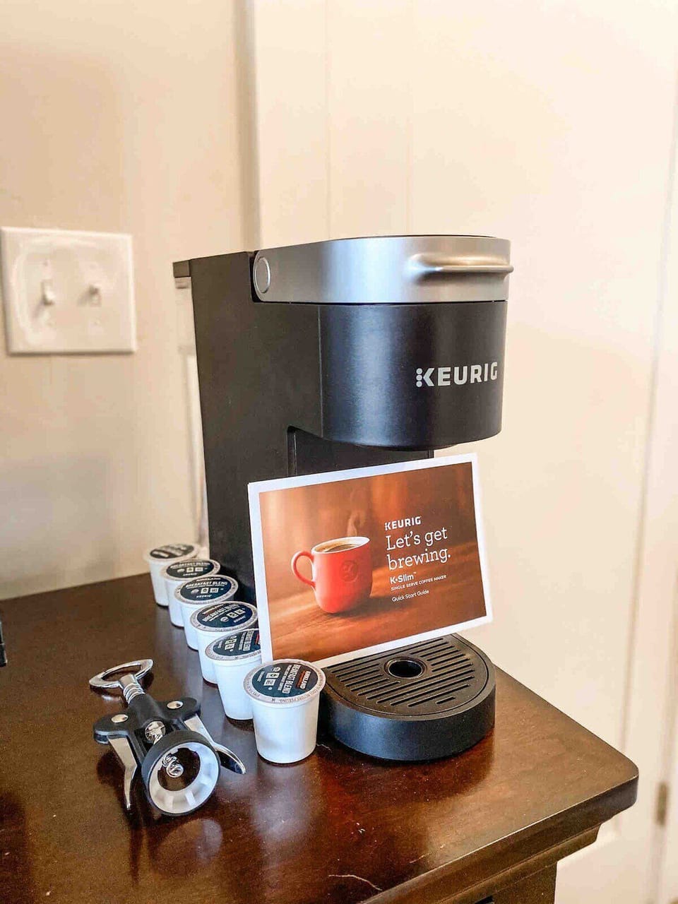 Enjoy a cup of coffee with our Keurig. K-cups are complimentary