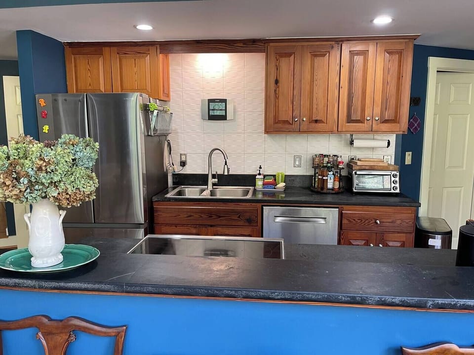 The kitchen is carved from the original single school room. 