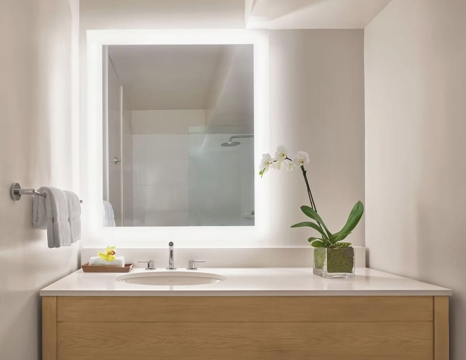Get ready with ease at the minimalist, softly lit vanity.