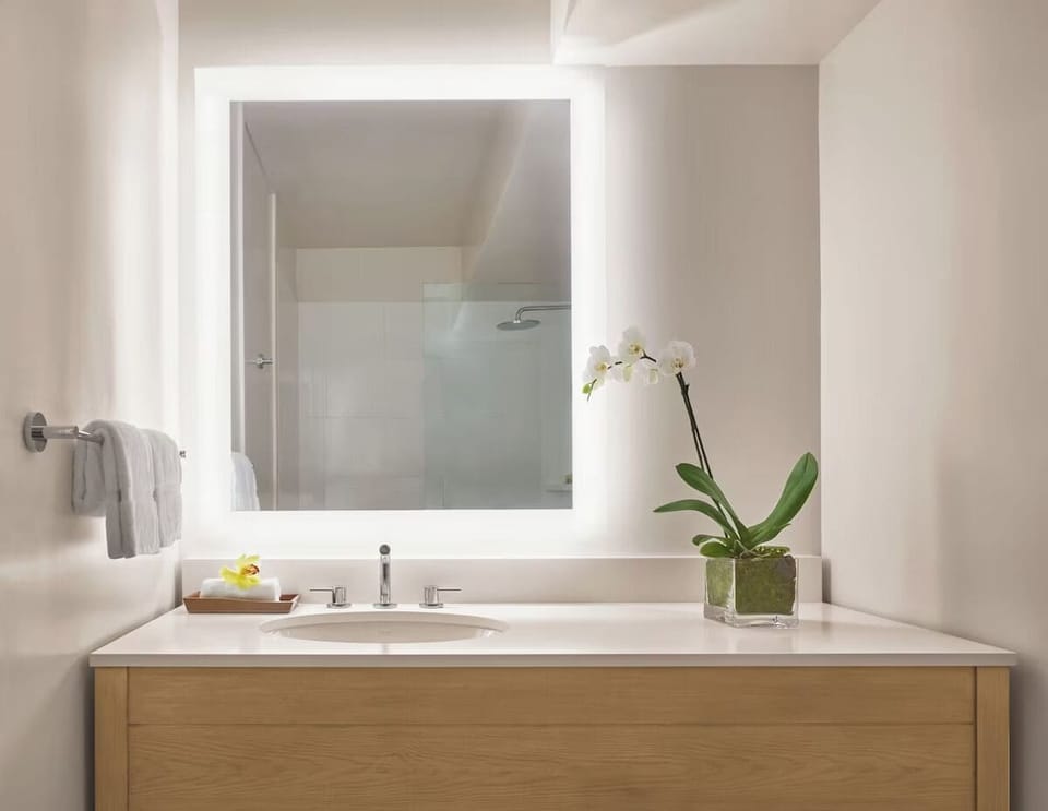 Get ready with ease at the minimalist, softly lit vanity.