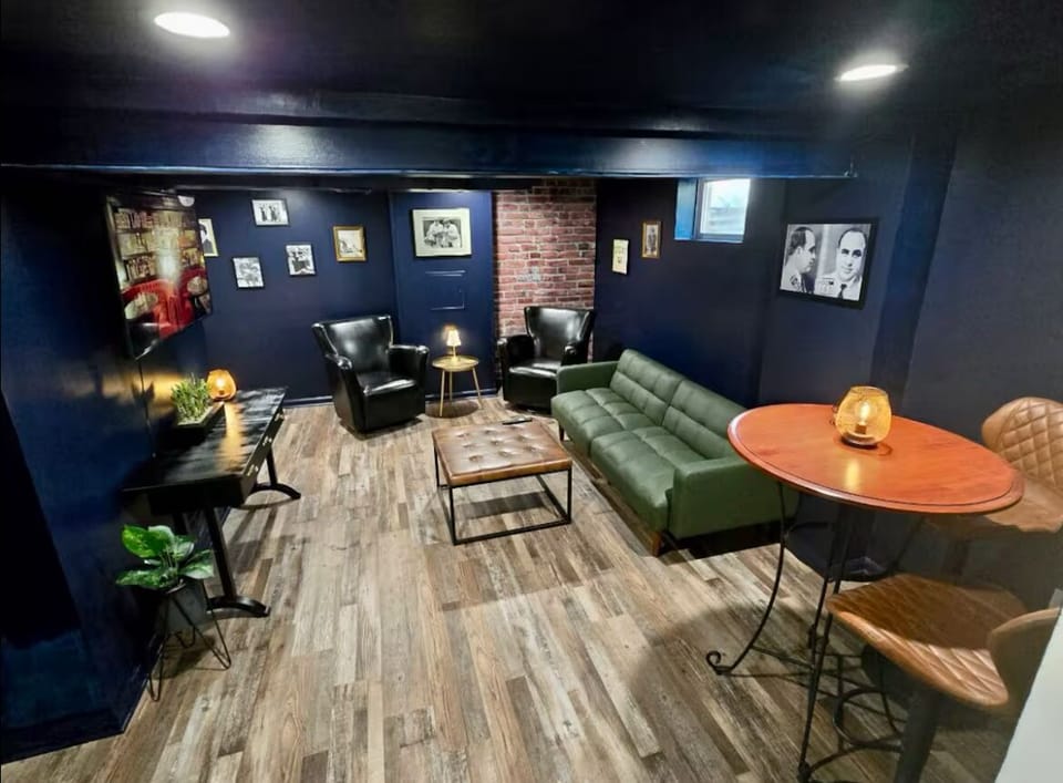 Hang in the basement for games / movie. The couch folds down into a bed as well.