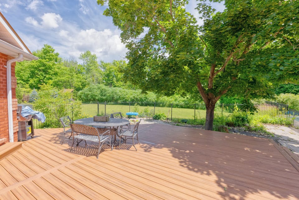 A spacious deck stretches beneath the leafy tree canopy.