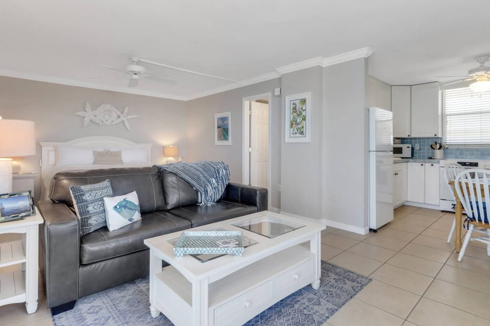 The studio is feels open and spacious, combining living, dining, kitchen and a bedroom area in one open concept.