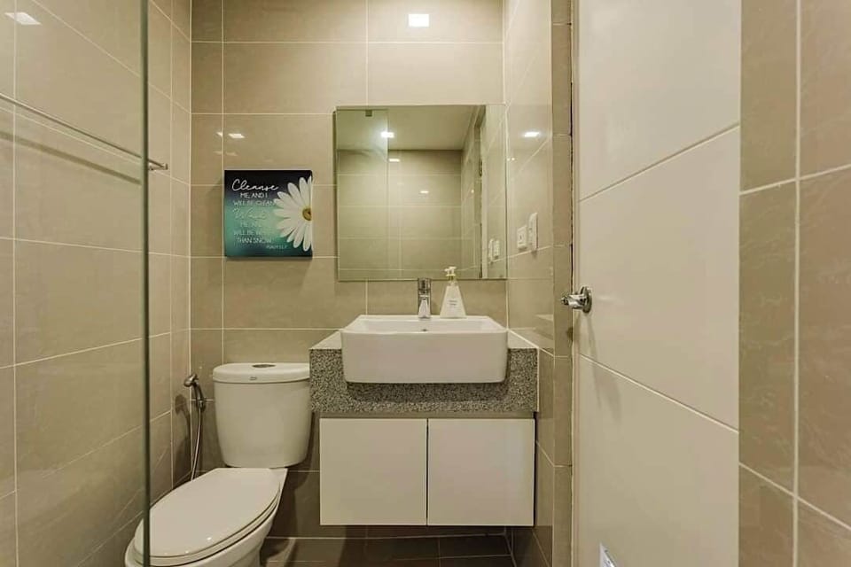 A compact bathroom that is designed for efficiency.