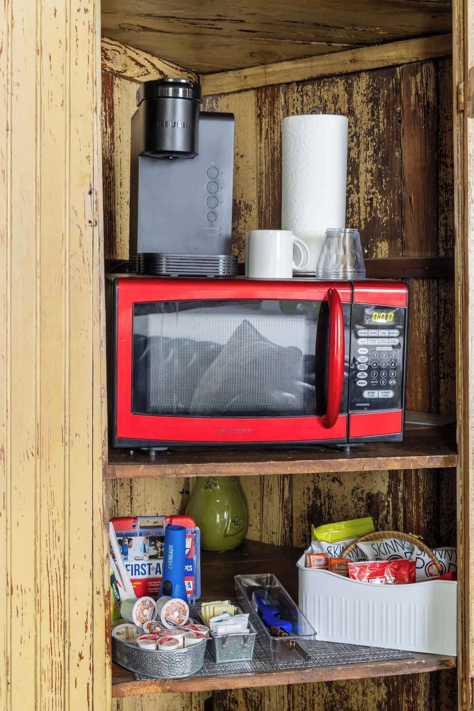 Tucked into the opposite corner of the Bybee bedroom, you'll find the microwave and coffee bar. 