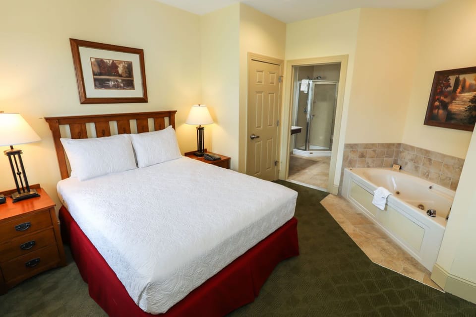 Cozy bedroom retreat with an in-room Jacuzzi, creating the perfect space for relaxation and comfort.