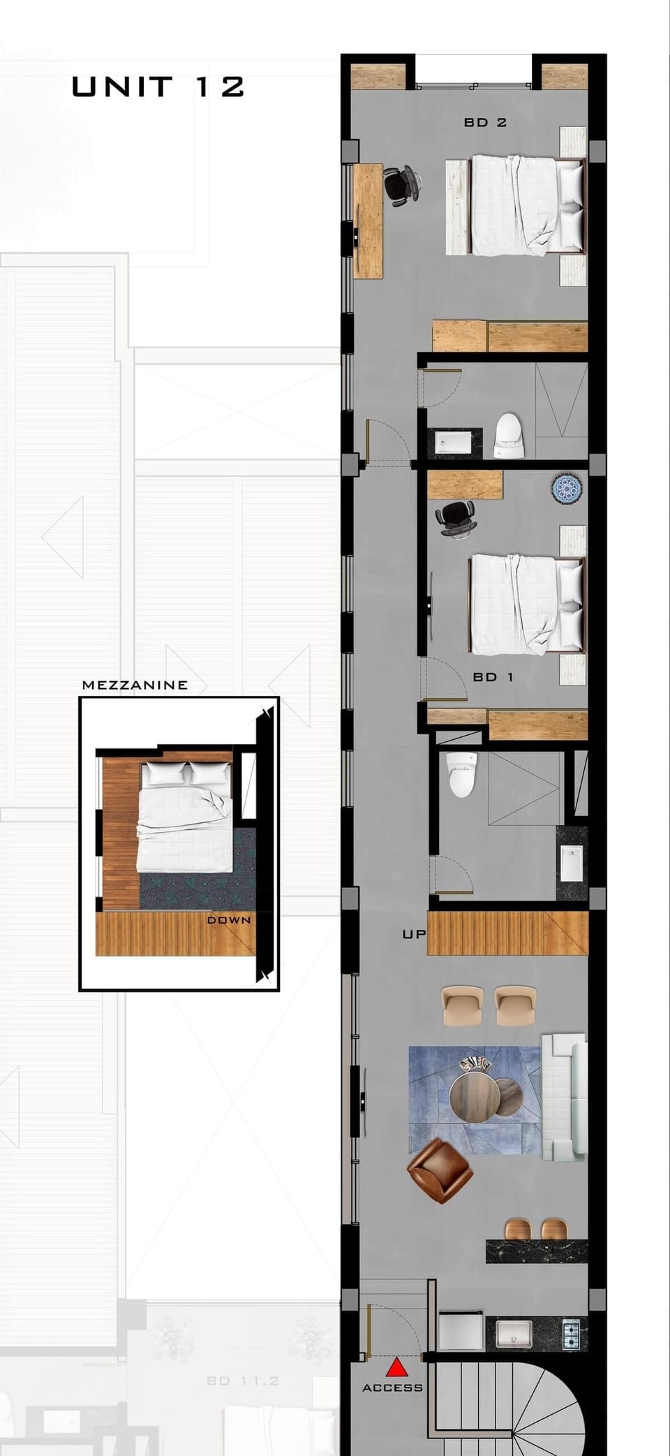 This is an approximate layout of the apartment. The terrace is not showing but it's connected to the apartment on the left side to the hallway where the mezzanine is placed.  
The mezzanine is placed on top of of the bathroom in the middle.