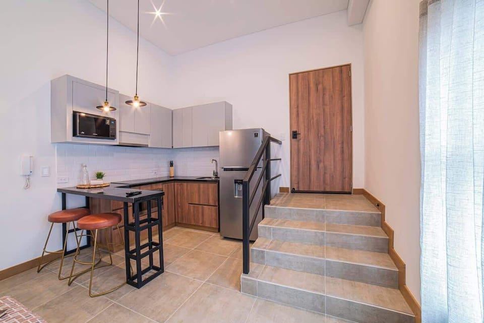 Kitchen and door to access the apartment.
