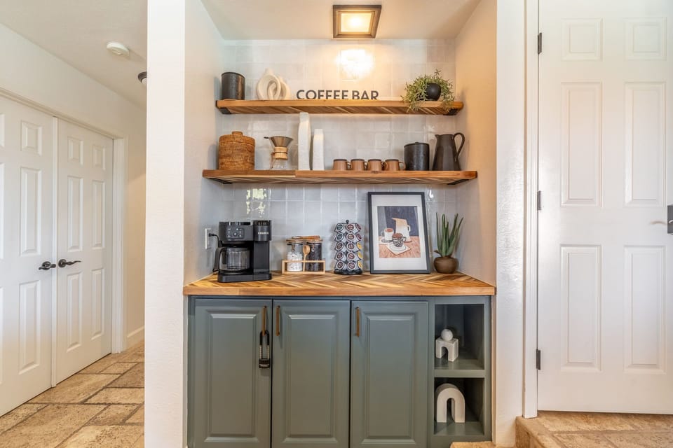 Coffee bar with complimentary rack of K-pods, coffee beans, sugar cubes