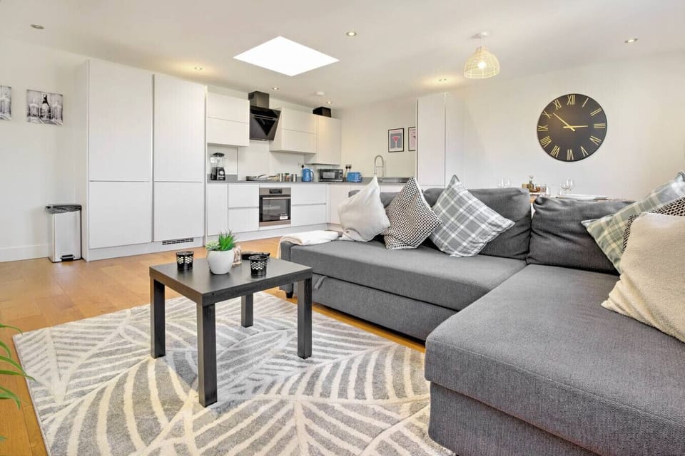Modern living room with a comfortable sofa, and contemporary design elements